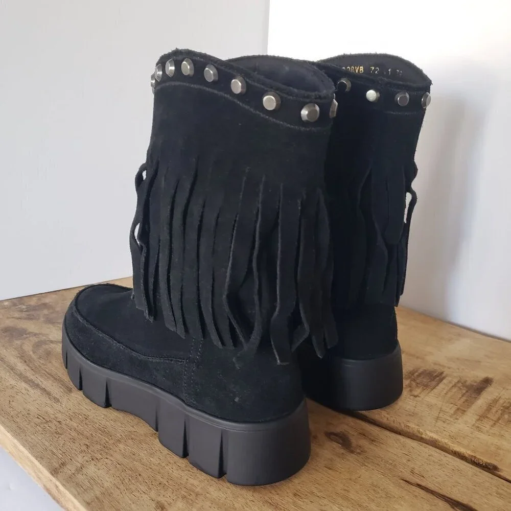 NWT Geox Ghoula Suede Fringe Studded Mid-Calf Chunky Lug Sole Winter Boots Sz 8